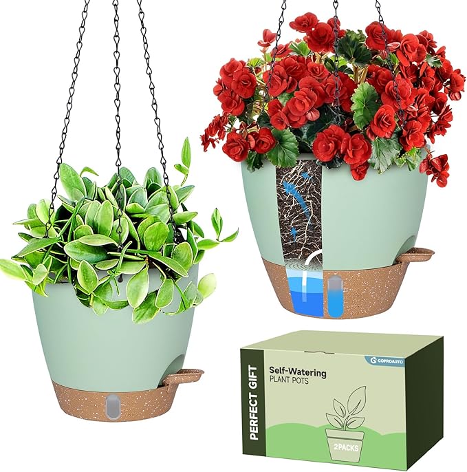 Self-Watering Hanging Planters with Water Level Window, 8/10 Inch Indoor Outdoor Hanging Plant Pots Includes Chain Hangers with Drainage Holes & Detachable Reservoir (Green, 8+10 inch)