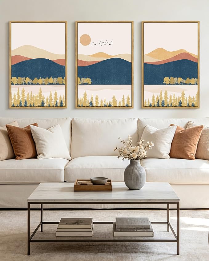 KUVIOKE Bohemain Mountain Landscape Framed Canvas Wall Art Watercolor Nature Artwork Painting Boho Farmhouse Rustic Room Decor for Bedroom Living Room 24x36in (Natural Framed)