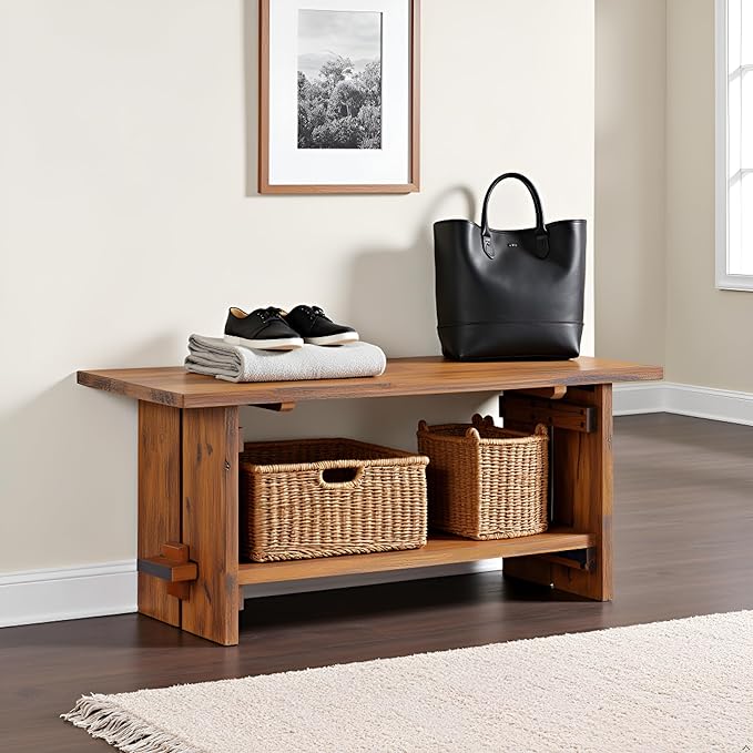 Alaterre Furniture Bethel Entryway Bench with Storage Shelf – Rustic Farmhouse 40-Inch Solid Acacia Wood Seat for Mudroom, Foyer or Hallway (Natural Aged Brown)
