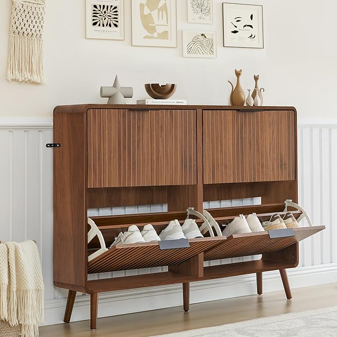 FurSch 47" Fluted Large Shoe Cabinet with 4 Flip Drawers, Slim Freestanding Shoe Cabinet Organizer, Narrow Shoes Storage Rack for Entryway, 5 Sturdy Legs (All Walnut, 9.45" D x 47.24" W x 35.83" H)