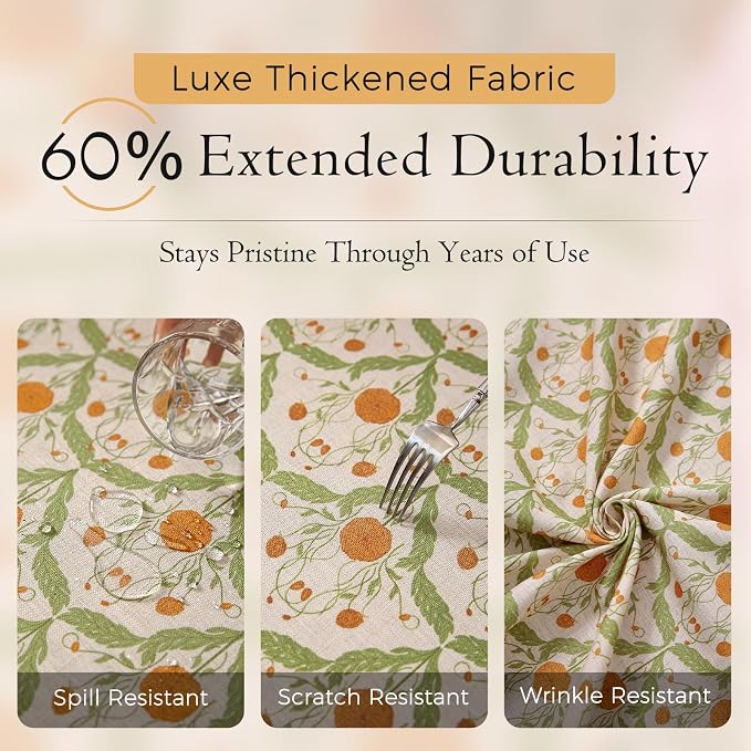 Block Print Thick Linen Tablecloth for Rectangle Tables, Waterproof Wipeable Decorative Table Cover for Dining Kitchen Indoor Outdoor, 63" x 106", 8-10 Seats