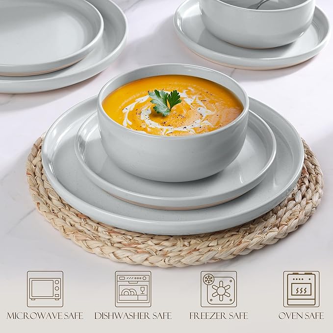 LIANYU Porcelain Dinnerware Set for 6, 18PCS Elegant Plates and Bowls Set with Stackable Design, Highly Chip and Scratch Resistant, Dishwasher Safe, Glacier Gray