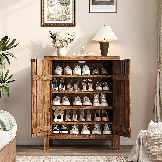 UNIQUITE Wooden Shoes Cabinet with Adjustable Shelves, Retro Freestanding Shoe Organizer Cabinet for Entryway Hallway Living Room, 5-Tier Shoe Cabinet with Doors for 20 Pairs, Dark Walnut