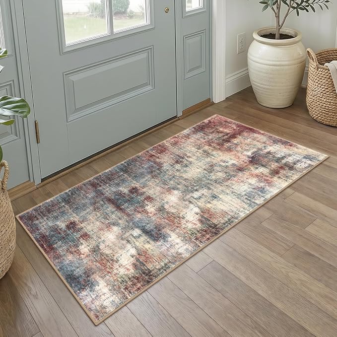 IOHOUZE Abstract Runner Rug 2x4 Ft Entryway Rugs Washable Door Mat Indoor Entrance, Rubber Backed Entryway Runners, Printed Faux Wool Non Slip Floor Carpet for Foyer Front Door Sink, Red/Multi