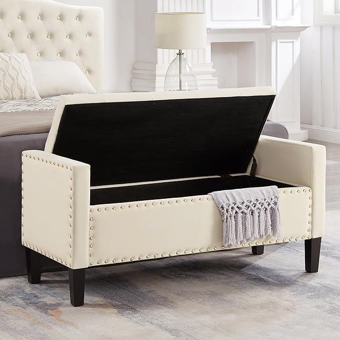 Velvet Modern Upholstered Storage Ottoman Bench with Arms, 48" End of Bed Bench for Entryway, Bedroom, Living Room, Cream