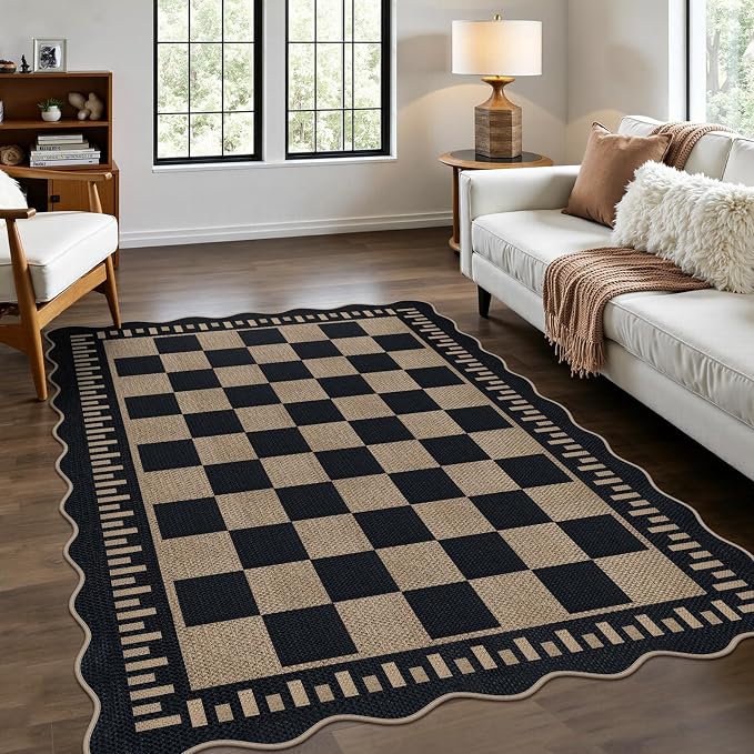 Checkered Easy Jute 4x6 Outdoor Patio Rug, Washable Indoor Outdoor Black Kitchen Rugs Farmhouse Neutral Non Slip Area Rug for Living Room Backyard Bedroom
