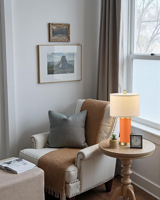 KDG 23.4" Orange PU Leather Table Lamps for Living Room Set of 2, E26 Socket LED Modern Home Decor Fabric Lampshade Desk Lamp Lighitng for Bedroom, Bedside, Farmhouse, Nightstand, Night Light
