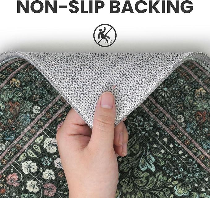 SIILOOM 2x3 Washable Area Rug, Dark Green Soft Rug for Entryway, Non-Slip Indoor Door Mat Boho Low-Pile Kitchen Rugs, Floor Modern Carpet for Entrance Kitchen Bedside Farmhouse