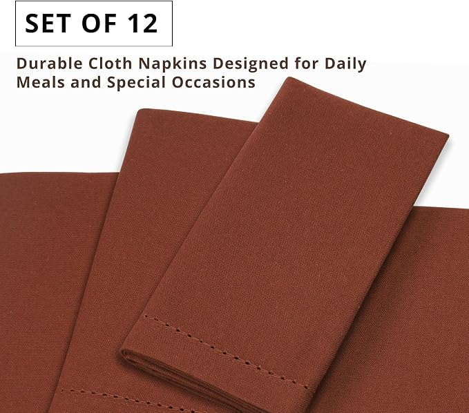 PurpleEssences Rust Set of 12 Hemstitch Cloth Dinner Napkins 100% Cotton - Soft Durable Washable - Ideal for Wedding Spring Easter Summer - Perfect Everyday Use Table Linen 18x18 - Rust