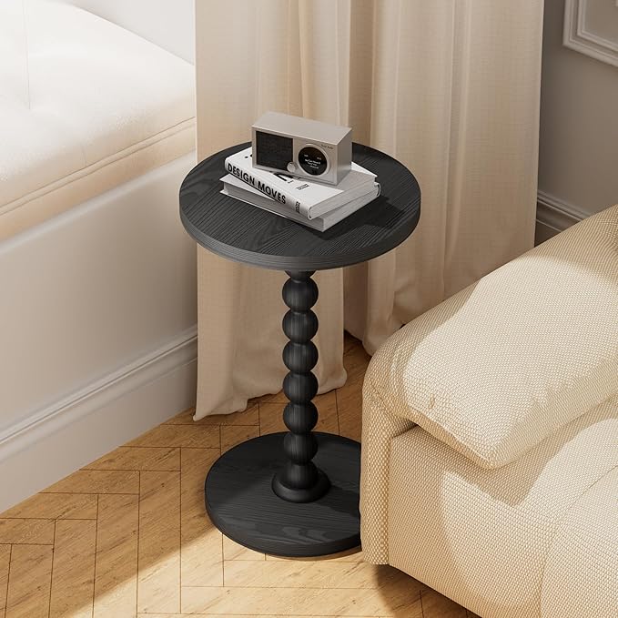 Round Side Table, Drink Table for Small Spaces, Modern Accent Nightstand with Rubberwood Leg for Living Room, Bedroom, Corners, and Office (Black)