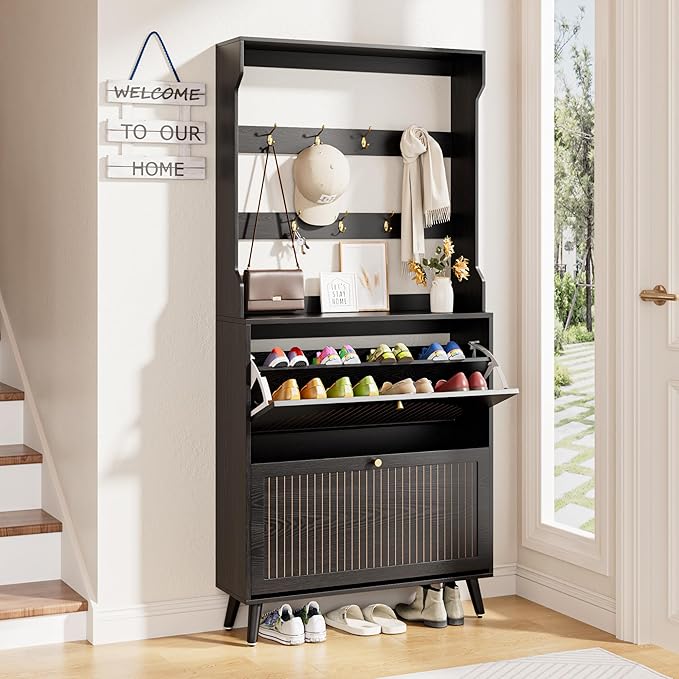 Fsbecl Shoe Cabinet for Entryway with 2 Flip Drawers & Coat Rack, Narrow Hidden Shoe Storage Cabinet with Fluted Panel, 2-in-1 Hall Tree Slim Freestanding Shoe Rack Organizer for Hallway, Black