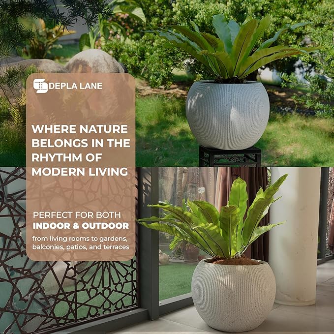 Marlo Fiberstone Round Planter (8.5" Pot Opening x 12..6"D x 9.8"H) Ribbed Finishes, Lightweight, Durable, UV Resistant, Modern Minimalist Home Decor, Indoor Outdoor Pot (S, Ribbed White)