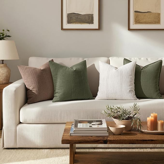 MIULEE Striped Throw Pillow Covers 22x22 Decorative Textured Pillow Covers Pack of 2 Linen Cushion Cases for Couch Bed Sofa Livingroom Farmhouse Home Decor, Olive Green