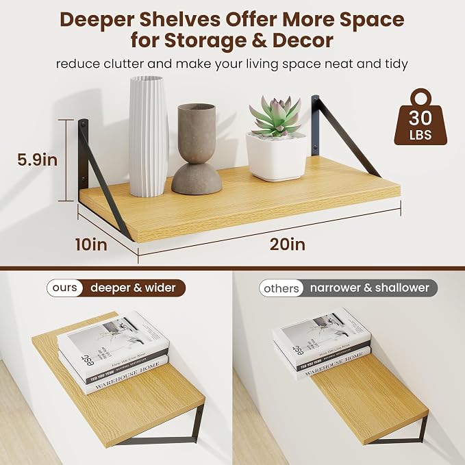 Axeman Deep Floating Shelves | 20 Inch Oak Wall Shelves Set of 2 | 10 Inch Deep Rustic Wood Shelves for Wall | 20'' W x 10''D Oak Shelves for Living Room Bathroom Kitchen