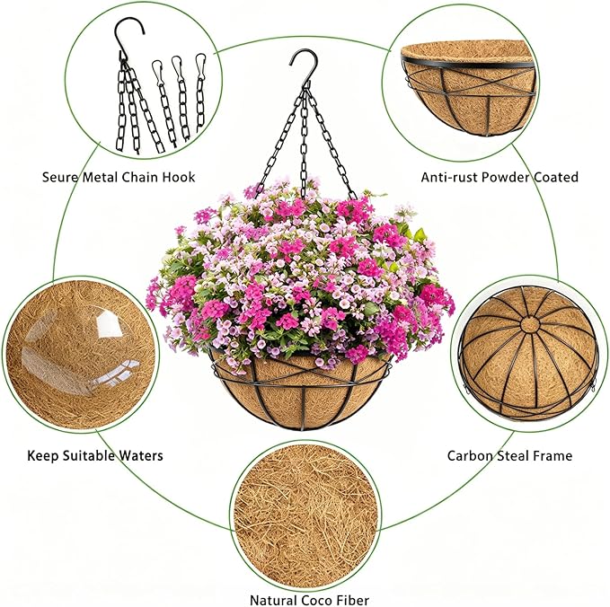 2 Pack 20 Inch Extra Large Deep Hanging Planters for Outdoor Plants Watering Hanging Baskets Flower Pots with Coco Liners Metal Hanging Plant Holder for Porch Balcony Garden Decor
