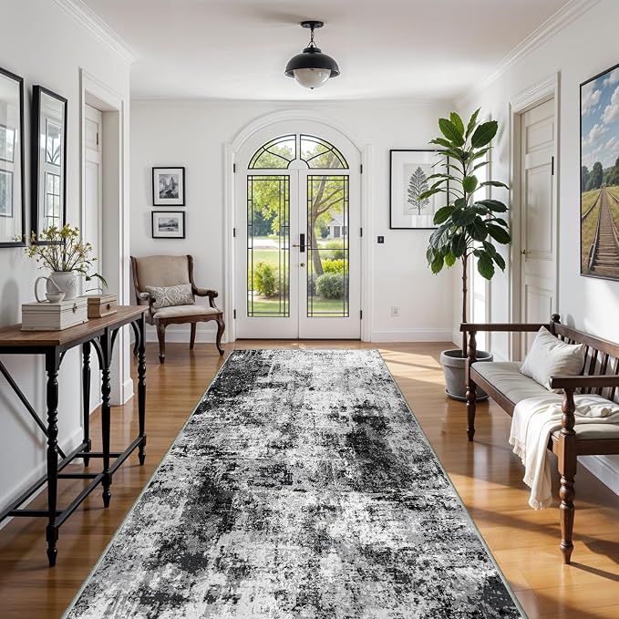 4x8 Wide Washable Runner Rug: Easy-to-Clean Runners for Hallway Entryway Kitchen Bedroom Living Room - Stain and Water Resistant Rugs with Non-Slip Backing - Soft Low-Pile Carpet Black Grey