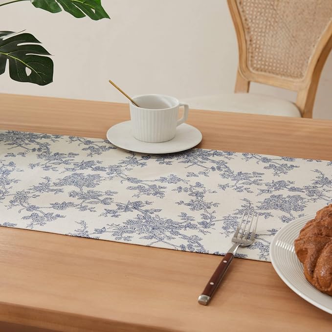 100% Cotton French Pastoral Table Runners, 13x48 Inch Blue Farmhouse Table Runners 48 Inches Long, Vintage Flowers Print Home Decors