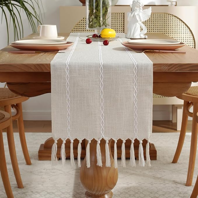 Rustic Boho Table Runner, Farmhouse Table Runners 72 Inches Long for Kitchen Dining Room, 13x72 Inches, Ivory Lines