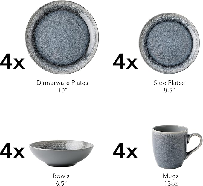 Arora FAIT Round Stoneware 16pc Dinnerware Set for 4, Dinner Plates, Side Plates, Cereal Bowls, Mugs - Reactive Glaze Grey (448158)