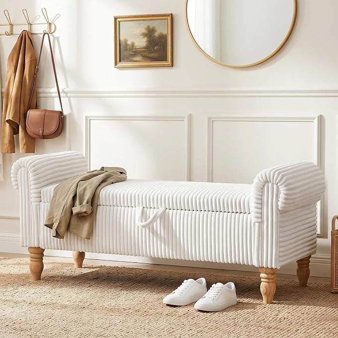 51.5" Storage Ottoman Bench, Upholstered Corduroy Storage Benches for Bedroom, End of Bed Storage Bench for Living Room & Entryway, Window Benches for Foot of Bed, White
