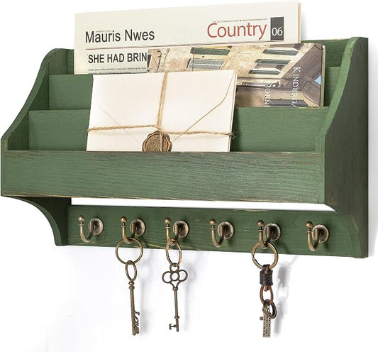 Rebee Vision Pine Wood Key Holder Wall Mount - Rustic 3-Tire Mail Holder for Wall with Sturdy Key Hooks - Multifunctional Mail Organizer Wall Mount for Sunglass at Home (Green)