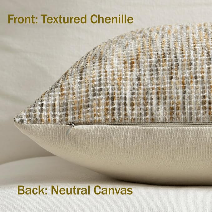 Pack of 2 Neutral Throw Pillow Covers 18x18 Boho Textured Dots Stripe Chenille Square Decorative Pillow Cases Accents for Living Room Couch Bed Farmhouse Home Decor, Brown Grey