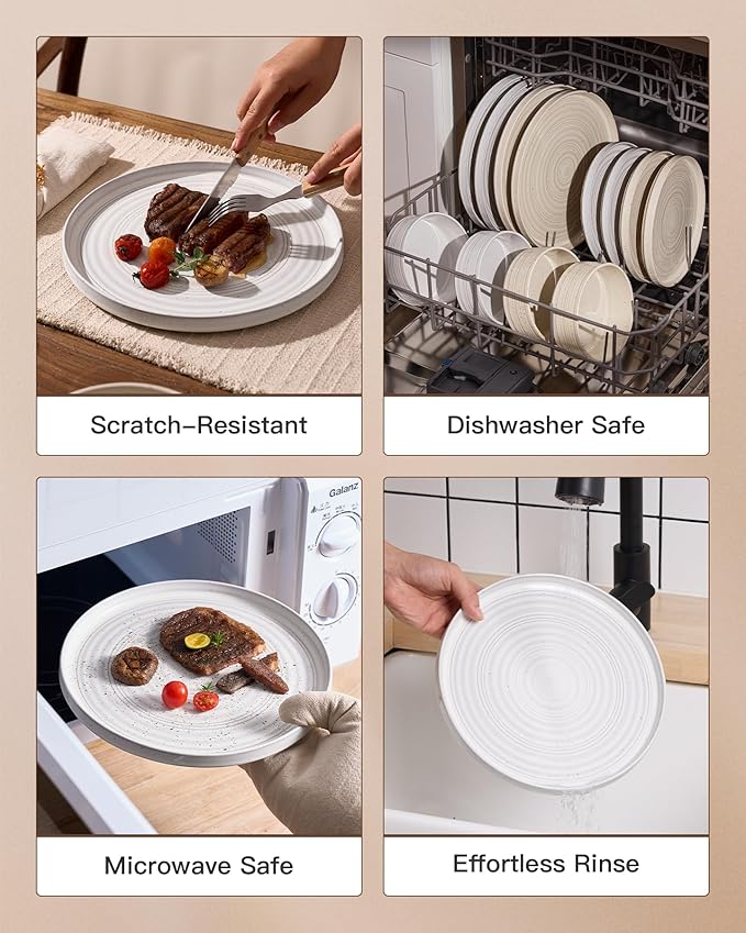 12-Piece Stoneware Dinnerware Set – High Edge Plates and Bowls with Reactive Glaze, Speckles & Spirals, Scratch Resistant Dishes, Dishwasher Safe, Modern Rustic, Service for 4, White