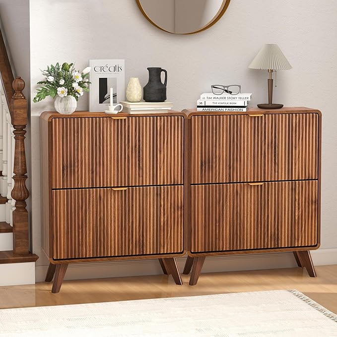 RARZOE Set of 2 Fluted Shoe Storage Cabinets for Entryway, Narrow Curved Shoe Cabinet with 2 Flip Drawers, Freestanding Wood Hidden Shoe Organizer Closed Shoe Rack Cabinet for Foyer,Hallway (Walnut)