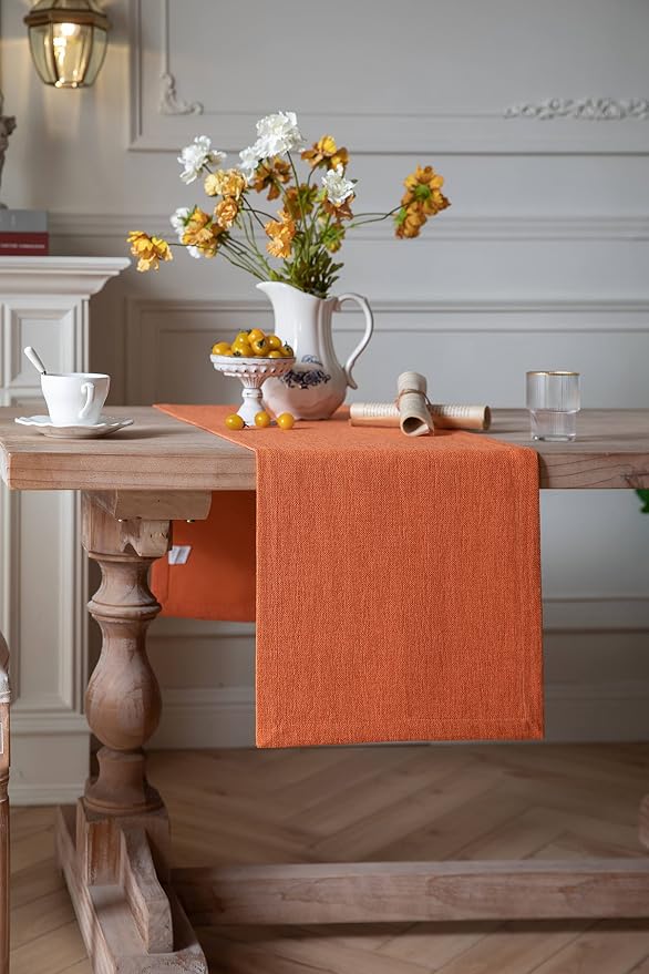 ZeeMart Burlap Style Farmhouse Table Runners 60 Inches Long, Burnt Orange Rustic Woven Dining Fall Table Runner for Everyday Use, 14x60 Inches, Harvest Pumpkin