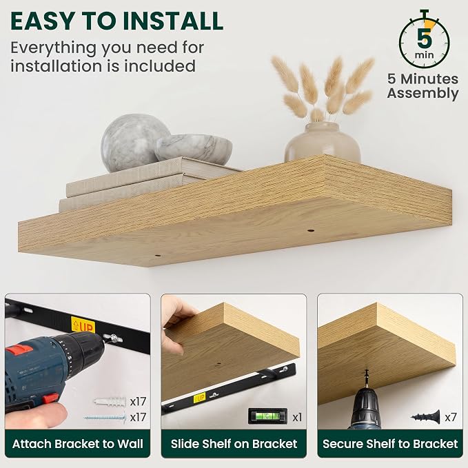 Floating Shelves for Wall 40 in x 9.3 in Deep, Wall Mounted Rustic Wood Shelf with Invisible Brackets for Storage & Display, Living Room Bedroom Bathroom, Oak, 2 Pack