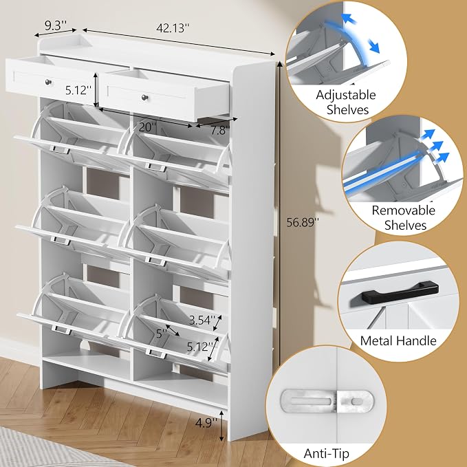 Thacuok Shoe Cabinet with 6 Flip Drawers & 2 Storage Drawers, Rustic Farmhouse Narrow Shoe Organizer Cabinet, Slim Shoe Rack Cabinet, Shoe Storage Cabinet for Entryway, Hallway, Front Door