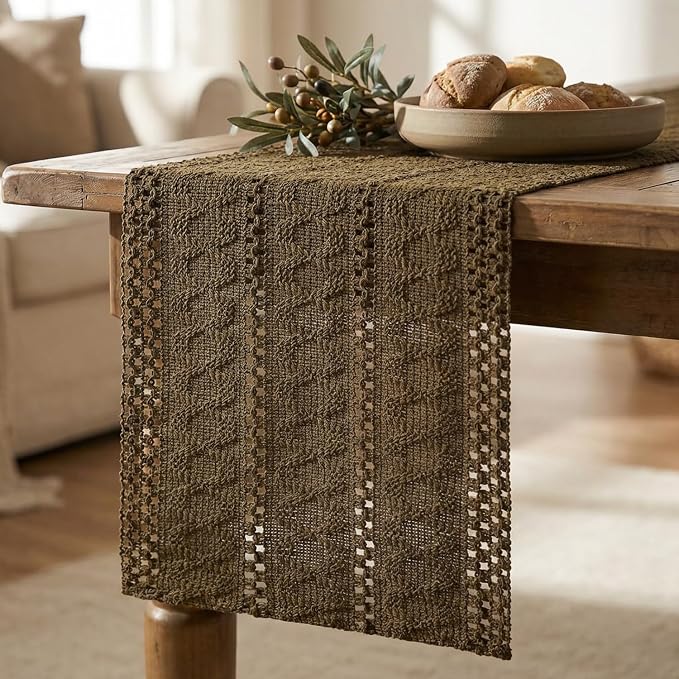 Artoid Mode Light Coffee Farmhouse Woven Rustic Hollow Table Runner, Seasonal Holiday Hollow Kitchen Dining Table Decoration for Home Party Decor 12x36 Inch