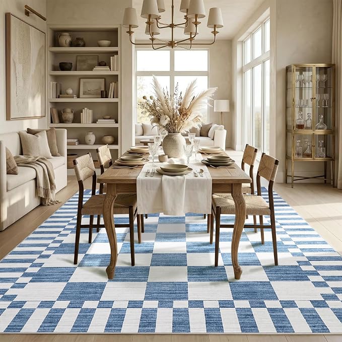 GarveeHome Dark Blue Checkered Rug 5×7 Area Rugs for Living Room，Non-Slip Washable Rug Soft Low-Pile, Neutral Modern Farmhouse Geometric Rugs for Bedroom Dining Room Office