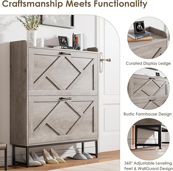 Nicetree Shoe Storage Cabinet with 2 Flip Drawers, Freestanding Shoe Organizer, Shoe Cabinet with Metal Legs, Narrow Shoe Rack Cabinet, Farmhouse Slim Shoe Cabinet for Entryway, Hallway, Rustic Gray