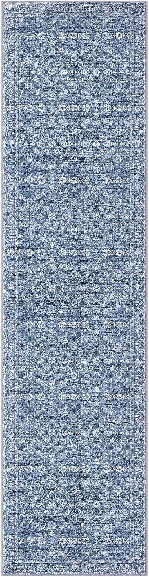 SIILOOM 3x10 Washable Runner Rug for Kitchen, Blue Soft Classic Runner with Non-Slip, Non-Shedding Distressed Floral Rug for Hallways Entryway Bedroom Bathroom Laundry Indoor