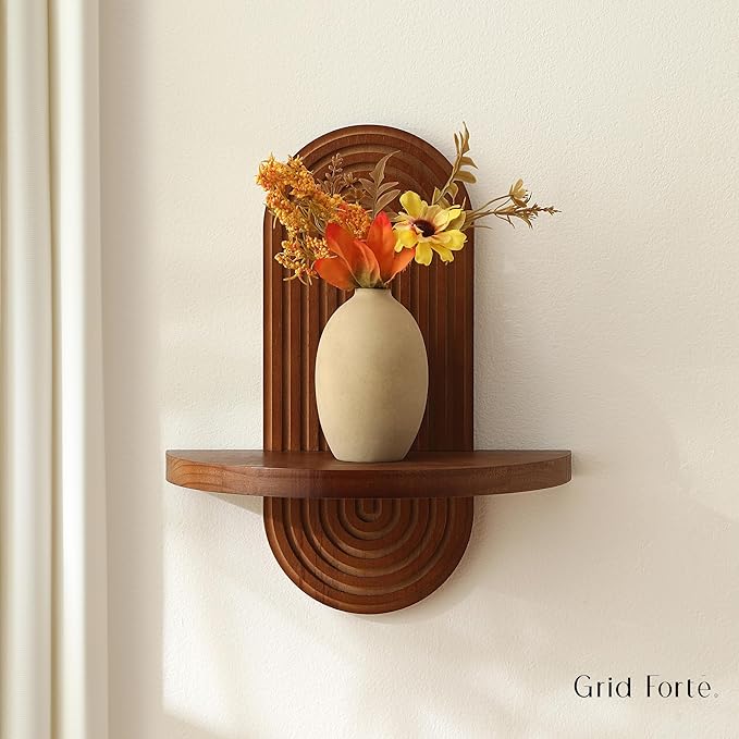 GRID FORTE Modern Wall Shelf (Set of 2) with Arched Wood Design Mid-Century Single Floating Rainbow Shelves for Indoor Decoration Holding Planter Ornaments, 14 x 11.6 Inch (Walnut)