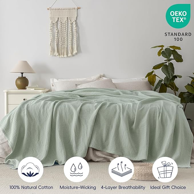 PHF 100% Cotton Muslin Blanket Queen Size 90"x90", 4-Layer Lightweight Gauze Throw, Breathable Cloud-Soft Minimalist Blanket for Bed, Couch, Camping, Sage Green, Ideal Gift