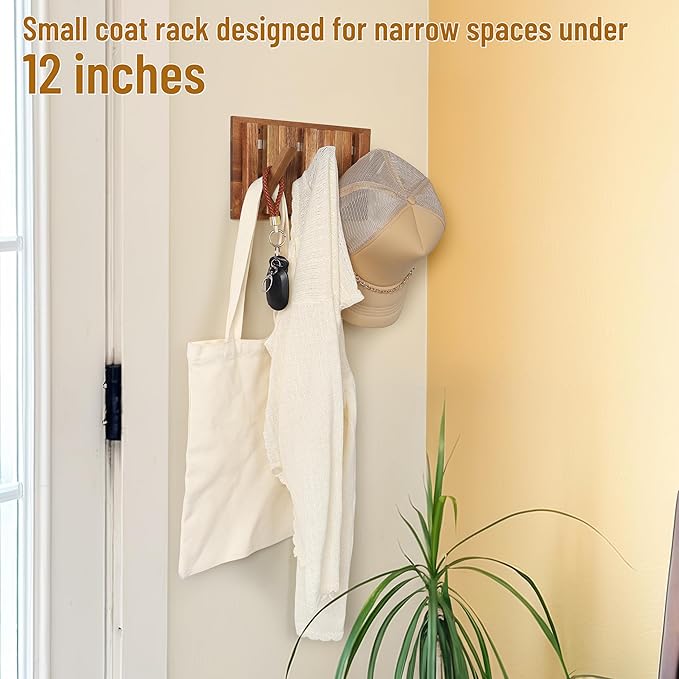 Small Coat Rack for Apartment: 10.4Inch Wood Rustic 6 Hooks Wall Mount Retractable for Narrow Spaces Entryway Bathroom for Hanging Light Items Jacket Towel Dog Leash Bag