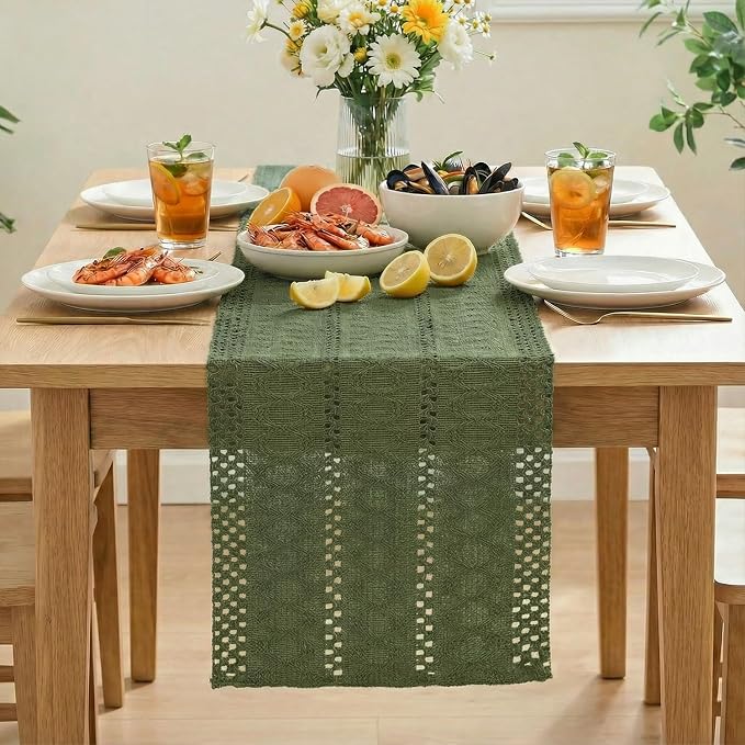 Artoid Mode Army Green Farmhouse Woven Rustic Hollow Table Runner, Seasonal Holiday Hollow Kitchen Dining Table Decoration for Home Party Decor 12x48 Inch