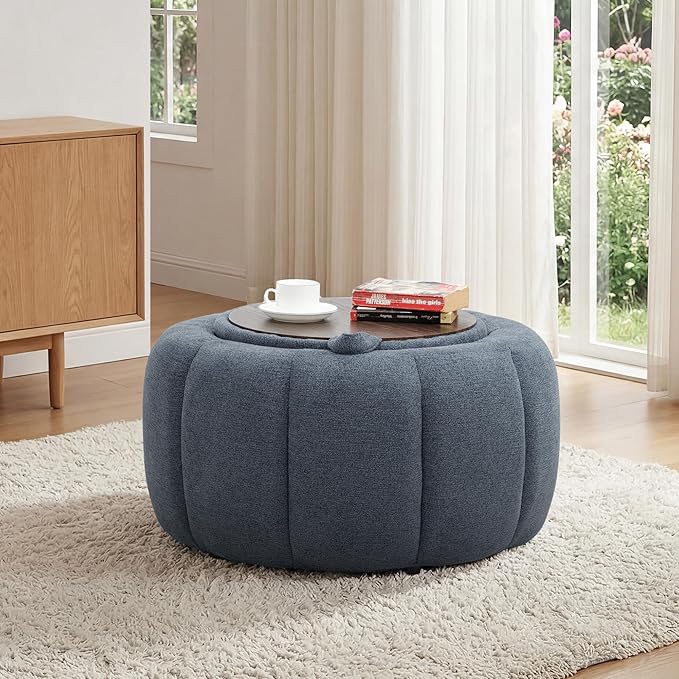 Tbfit Round Storage Ottoman - No Assembly Required, Storage & Sturdy Structure Multi-Functional Seat/Footrest for Living Room, Bedroom & Kids Room Soft Fabric for Family Home Use