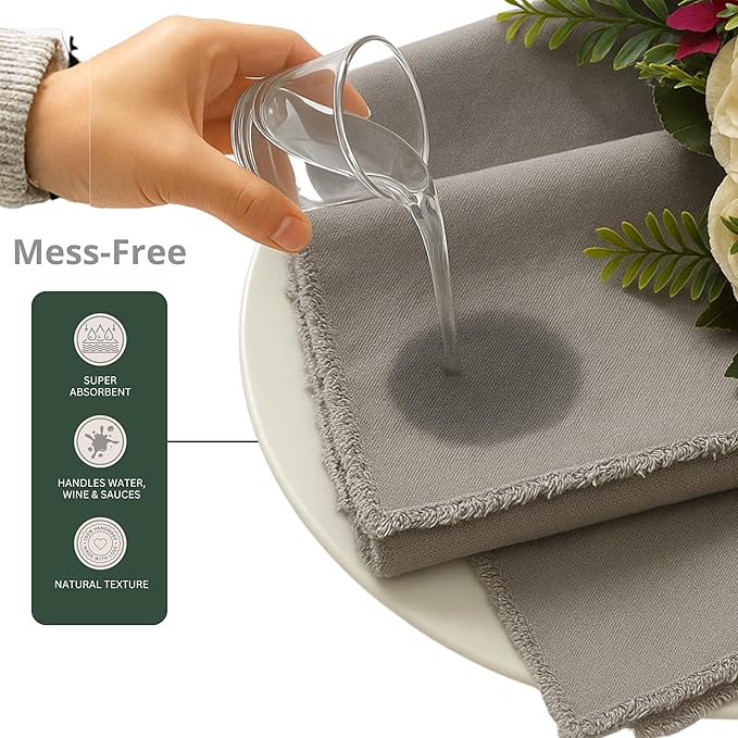Palisa Premium Cotton Dinner Napkins Set of 12 | Grey Frayed Edge Rustic Farmhouse Table Linen | Soft Washable Long Lasting Durable Cloth Serviettes for Wedding Dining Decor 18x18 Inch