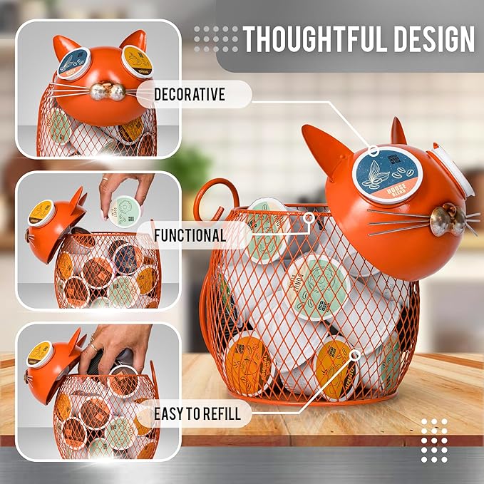 Made Easy Kit Coffee Pod Basket Organizer Practical Decoration - Compatible with Keurig K-Cup Pods & Capsules - Home Cafe Bar Decor Useful Kitchen Countertop Freestanding (Cat Orange)