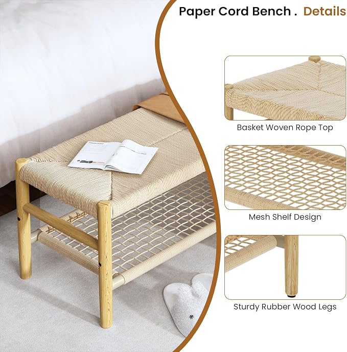 Recaceik Indoor Entryway Bench with Paper Cord Ottoman & Grid Storage Rack, Mid-Century Long Bench with Rubber Wood Legs, French Vanity End Bed Bench for Bedroom Living Room Channel