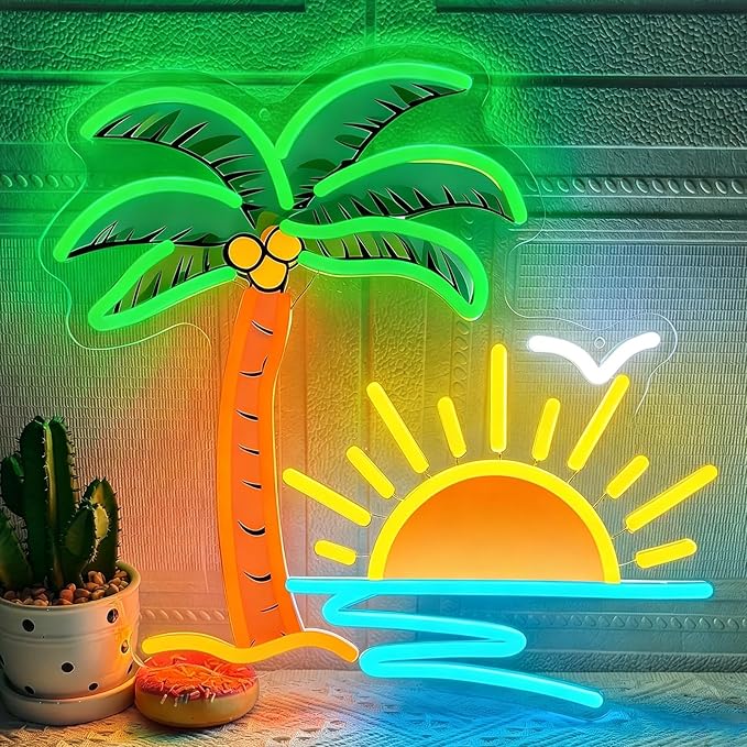 Tropical Neon Sign for Wall Decor, 13.5 x 13 Inch Palm Tree Sunset Neon Light, Dimmable USB Powered Coconut Tree LED Sign for Tiki Bar Hawaii Club Bedroom Bar Beach Theme Restaurant Party Decor