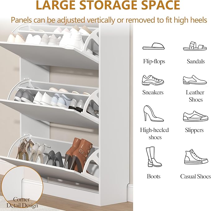 Wodeer Shoe Storage Cabinet with 3 Flip Drawers, Slim Hidden Wood Shoe Cabinet Storage for Entryway, Freestanding Narrow Shoe Rack Organizer with Adjustable Shelves for Foyer, Hallway, White