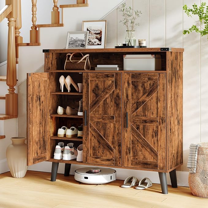 HOOBRO Shoe Cabinet for Entryway with 3 Doors, 39.4" Wooden Shoe Storage Cabinet, Large Capacity Organizer for Closet & Hallway, Freestanding, Rustic Brown FG20SC01