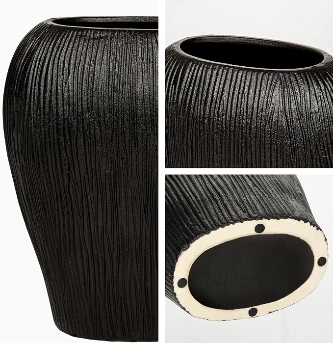 Slim Flat Ceramic Vase for Home Decor, 13" Ribbed Modern Flower Vase, Space-Saving Narrow Decorative Vase for Pampas Grass Artificial Flowers, Farmhouse Boho Table Centerpiece, Black