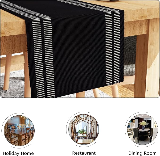 Encasa XO Dining Table Runner 13"x72" | Yarn Dyed Fine Ribbed Cotton | Ladder Black | Machine Washable