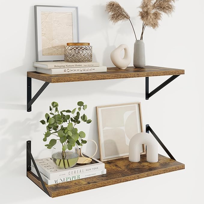 Axeman Deep Floating Shelves | 24 Inch Brown Wall Shelves Set of 2 | 10 Inch Deep Wood Floating Shelves for Wall | 24" W x 10" D Rustic Brown Shelves for Living Room Bathroom Kitchen
