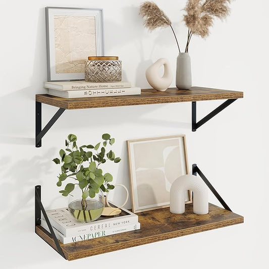 Axeman Deep Floating Shelves | 24 Inch Brown Wall Shelves Set of 2 | 10 Inch Deep Wood Floating Shelves for Wall | 24" W x 10" D Rustic Brown Shelves for Living Room Bathroom Kitchen